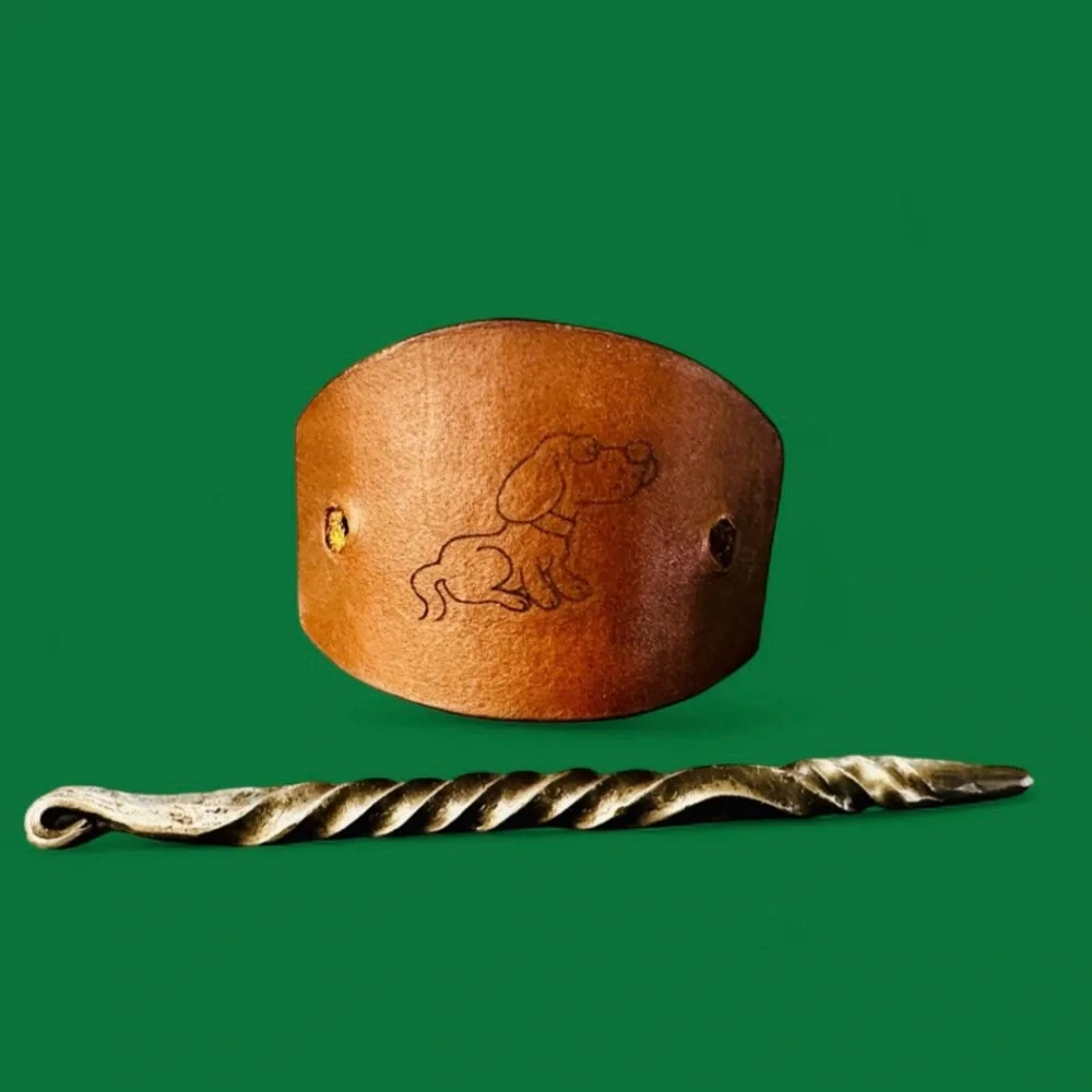 Brown Leather Hair Barrette with Metal Pin and Dog New